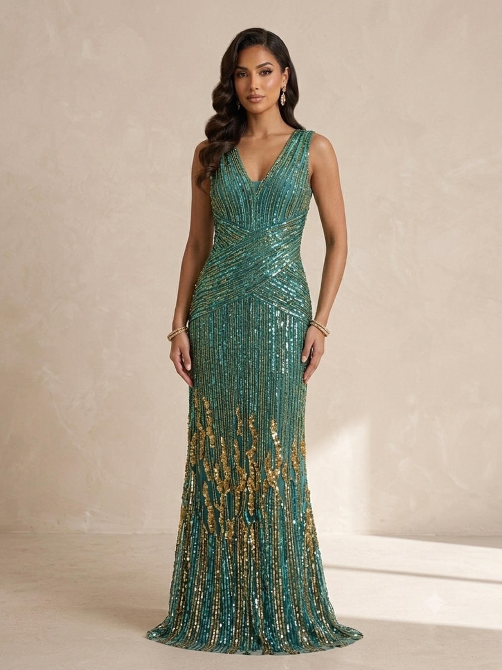 Teal Sequin Evening Gown - Elegant Beaded Dress